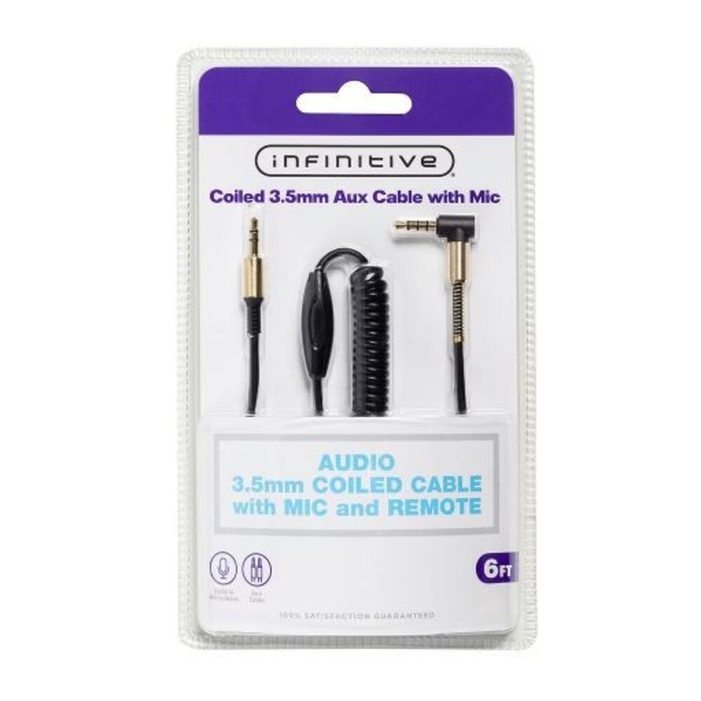 New Infinitive Coiled 3.5 mm Aux Cable with Mic and Remote New 6ft.  Sealed NIP